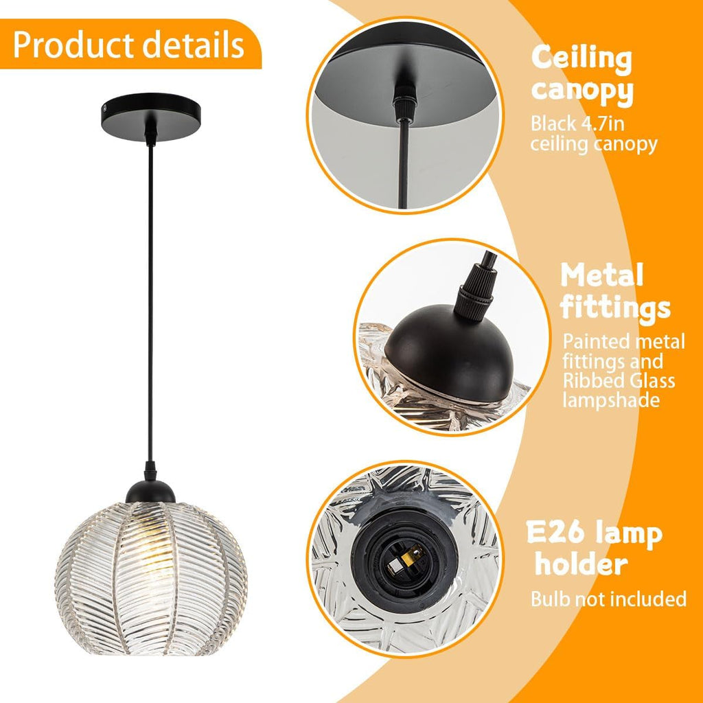 Mid Century Pendant Light Black Glass Pendant Lighting Kitchen Island 3 Light with Clear Ribbed Glass Shade Modern Chandelier Globe Hanging Light for Dining Room Sink Farmhouse