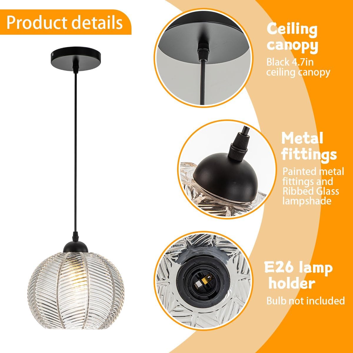Mid Century Pendant Light Black Glass Pendant Lighting Kitchen Island 3 Light with Clear Ribbed Glass Shade Modern Chandelier Globe Hanging Light for Dining Room Sink Farmhouse