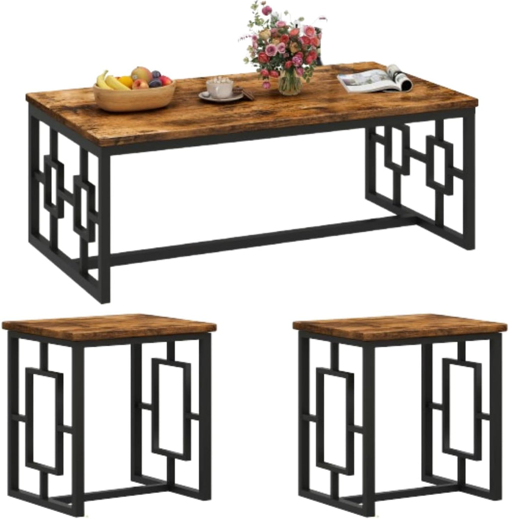 DKLGG 3-Piece Vintage Wood Coffee Table Set with 2 End Tables - Modern Industrial Design, Square Tabletop & Rustic Brown Finish - Perfect for Living Room, Apartment, Home Office, Rustic Brown