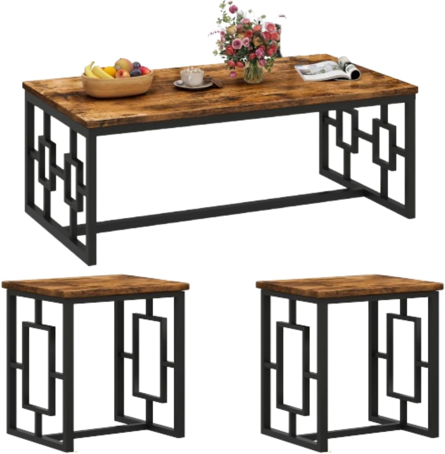 DKLGG 3-Piece Vintage Wood Coffee Table Set with 2 End Tables - Modern Industrial Design, Square Tabletop & Rustic Brown Finish - Perfect for Living Room, Apartment, Home Office, Rustic Brown