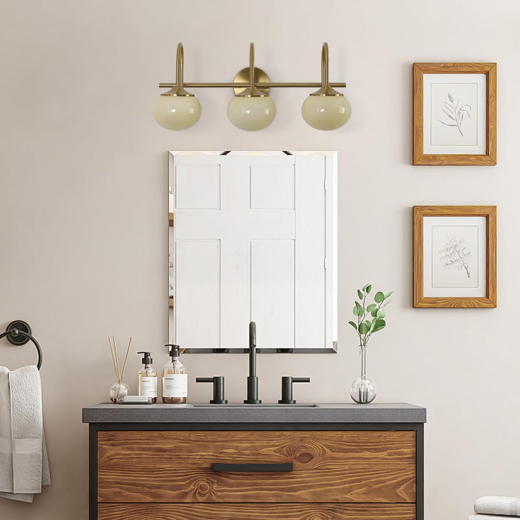 BOKT Modern 3-Light Bathroom Vanity Light Cream Yellow Glass Wall Sconces Vintage Vanity Lights Fixtures Over Mirror Gold Globe Bath Wall Sconce Bedroom Wall Mounted Sconces