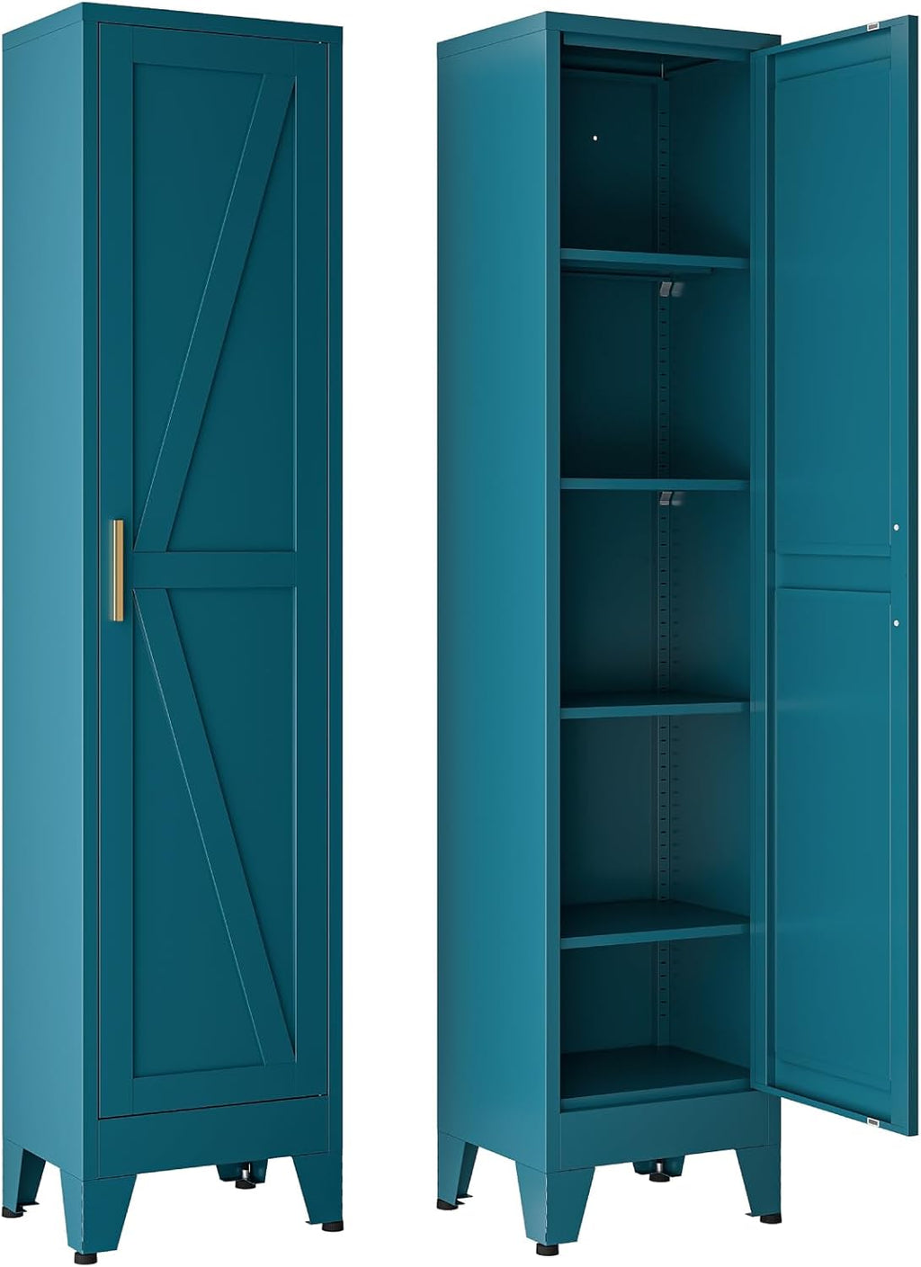 67' Tall Storage Cabinet with Reversible Doors and Adjustable Shelves,Metal Slim Freestanding Cabinet for Bathroom Kitchen Garage Small Spaces,Blue,5-Tier 1 Pack