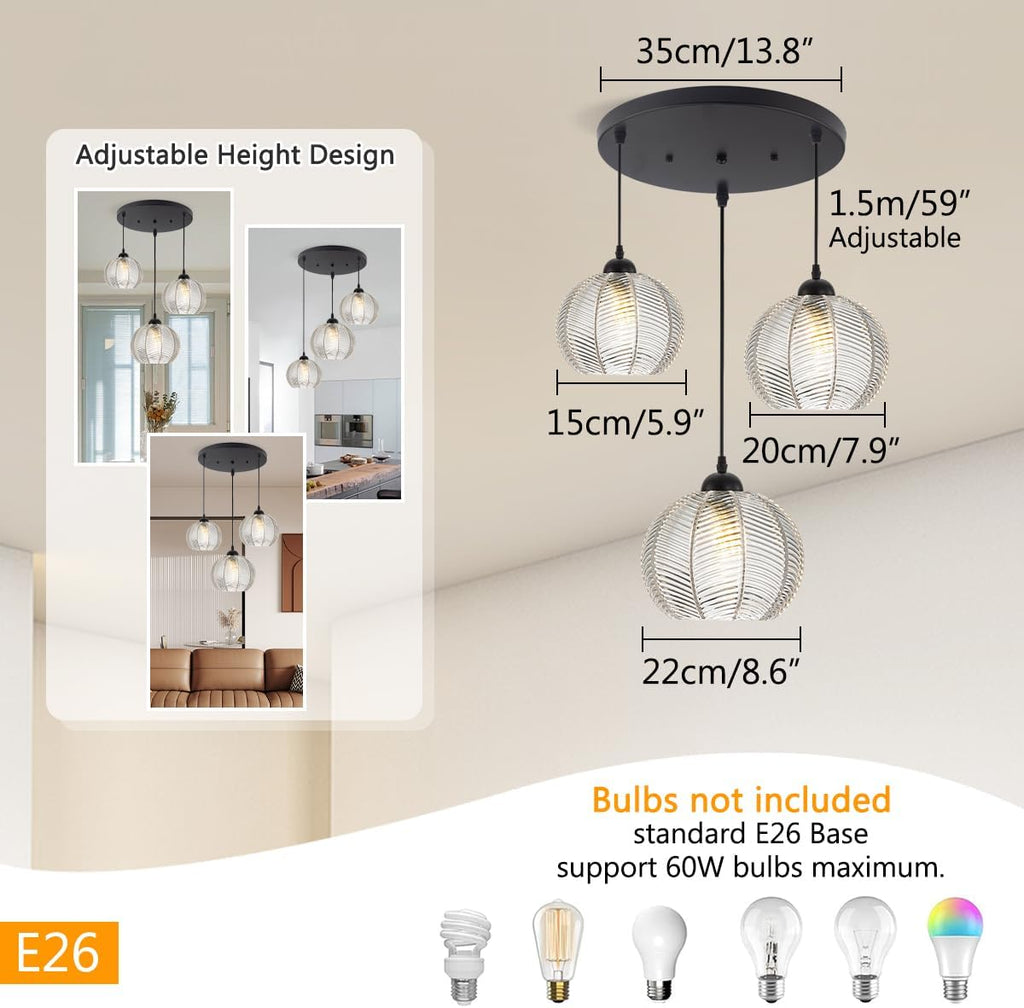 mid Century Pendant Lights Kitchen Island Chandelier Clear Black Pendant Light Pumpkin Design with Ribbed Glass Shade Modern Adjustable Cord Glass Ceiling Pendant Light Dining Room