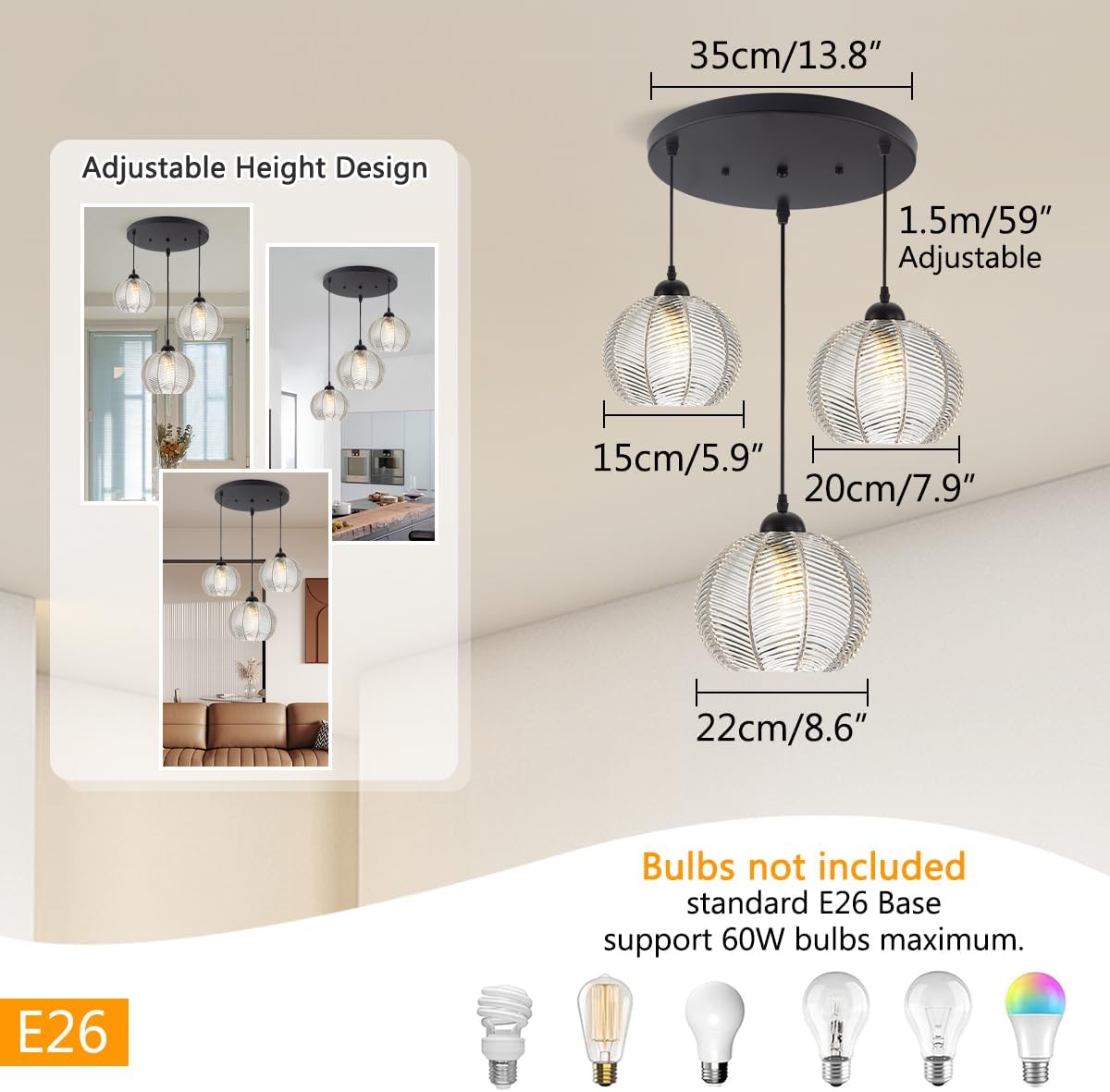 mid Century Pendant Lights Kitchen Island Chandelier Clear Black Pendant Light Pumpkin Design with Ribbed Glass Shade Modern Adjustable Cord Glass Ceiling Pendant Light Dining Room