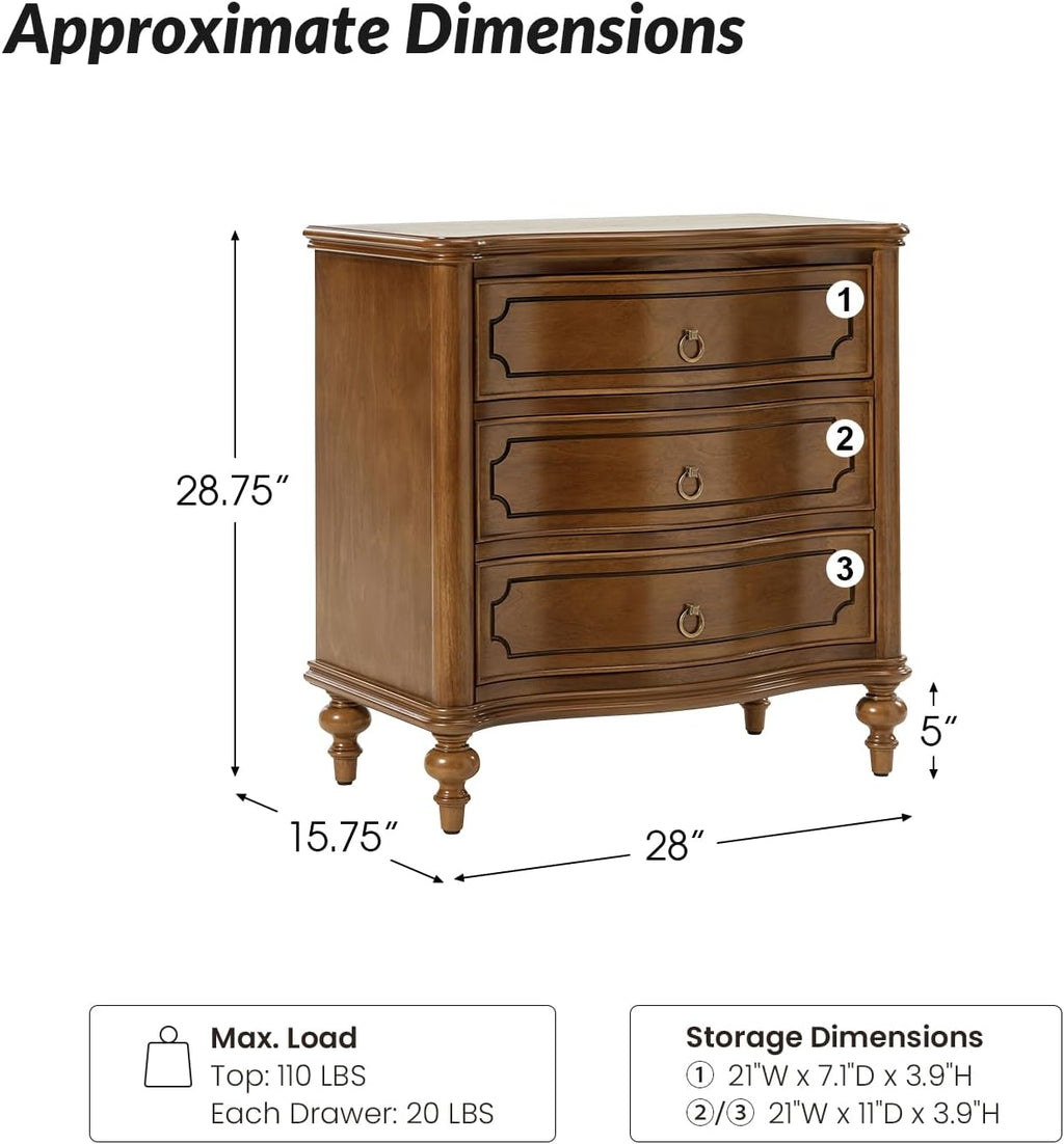 HULALA HOME Traditional Side Table with 3 Drawers, Tall Side Table with Curved Front Profle Desgin, Charging Station, Solid Wood Legs, SEADRIFT
