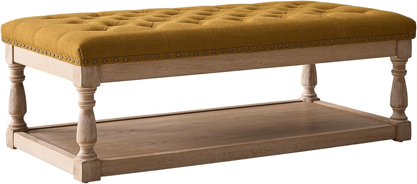 HULALA HOME Rectangle Ottoman Coffee Table with Tray, Tufted Living Room Ottoman with Solid Wood Storage Shelf, Golden