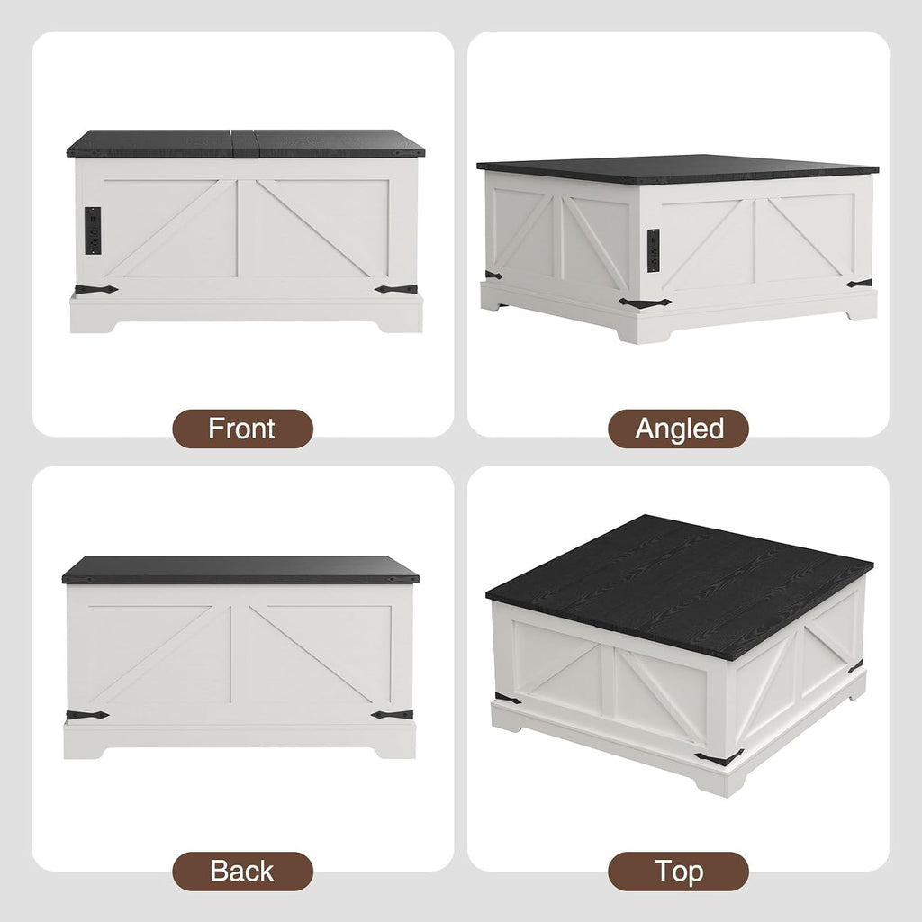 FiveWillowise Coffee Table with Storage, Farmhouse Lift Top Wood Square Center Table with Charging Station, Rustic Cocktail Tables with Flip Top Lids for Living Room, Home Office, 35.4' W, White