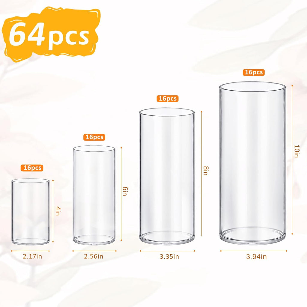 64 Pack Glass Cylinder Vases 4,6,8,10 Inch Tall Clear Flower Vase Hurricane Floating Candle Holder for Table Centerpiece Wedding Home Decor