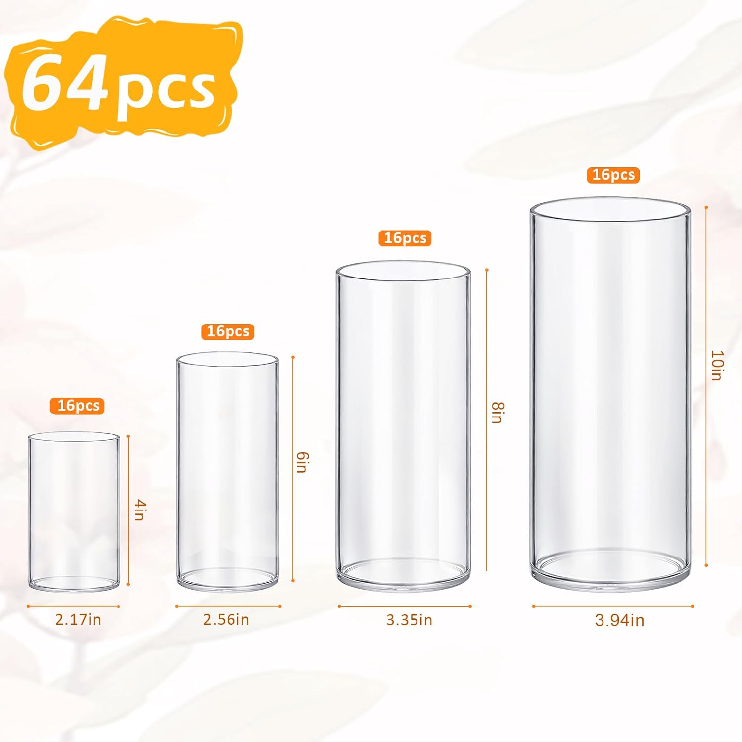 64 Pack Glass Cylinder Vases 4,6,8,10 Inch Tall Clear Flower Vase Hurricane Floating Candle Holder for Table Centerpiece Wedding Home Decor