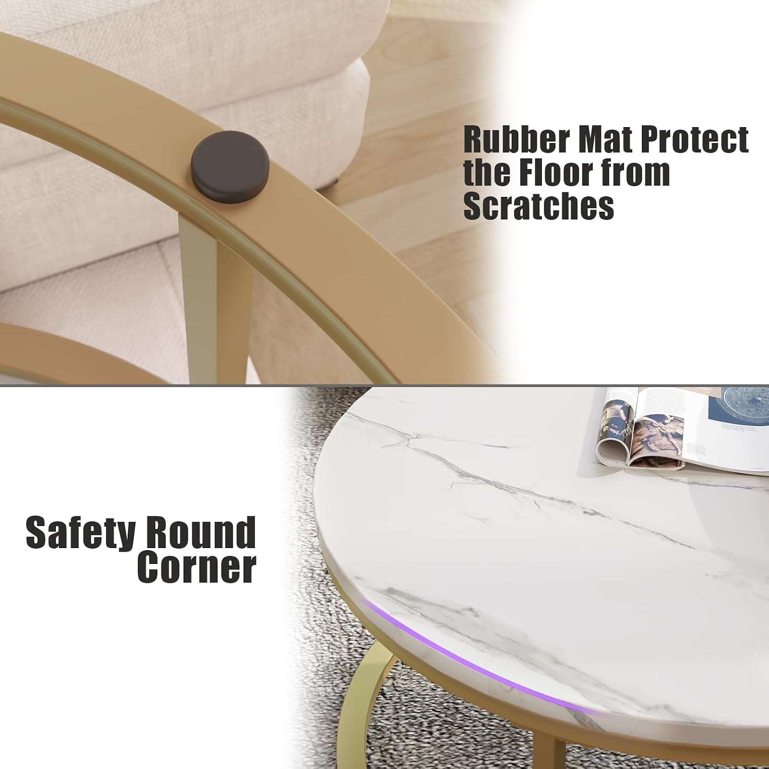 WiberWi Round Coffee Table Nesting Tables Set of 2, Large : Ø 34.0', Small : Ø 26.0', Modern Design Coffee Tables for Living Room, Gold Metal Frame Circle Cocktail Table, High Glossy Faux White Marble