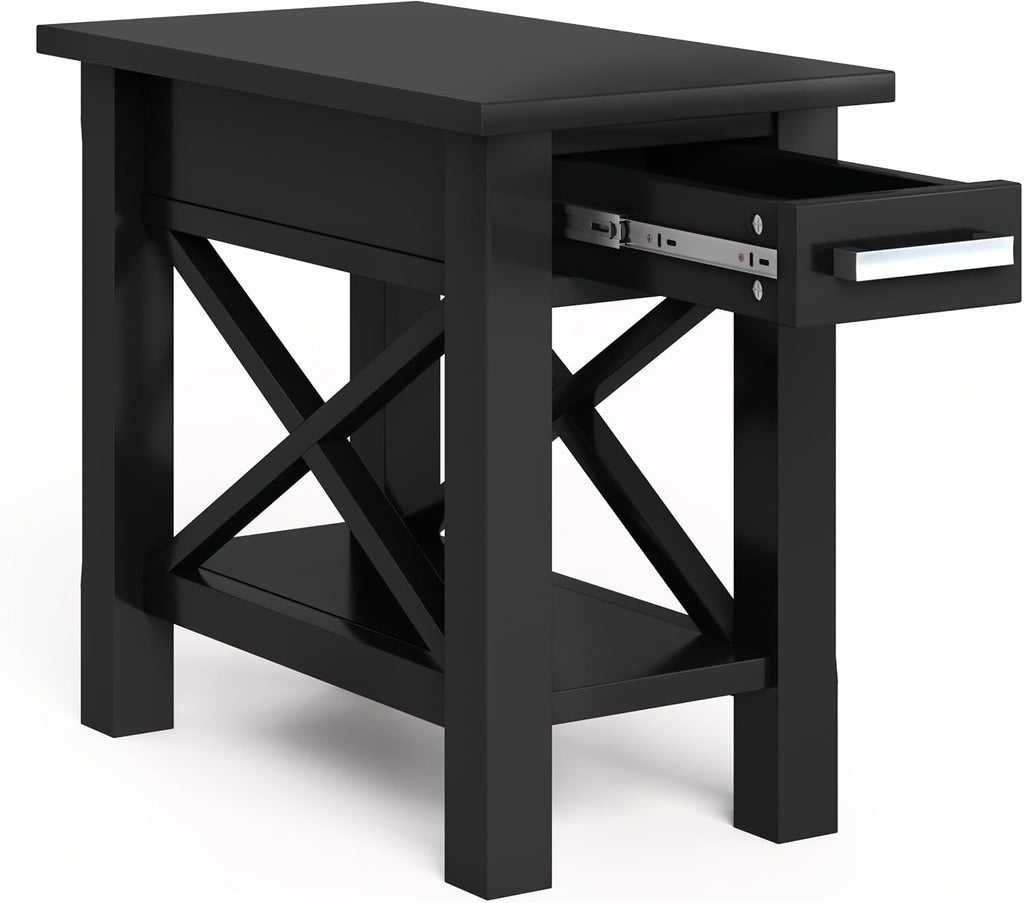 SIMPLIHOME Kitchener End Table - 14 inch Wide Solid Wood Rectangular Narrow Accent Table with Drawer and Open Shelf in Black, Contemporary Nightstand with X-Design for Living Room or Bedroom