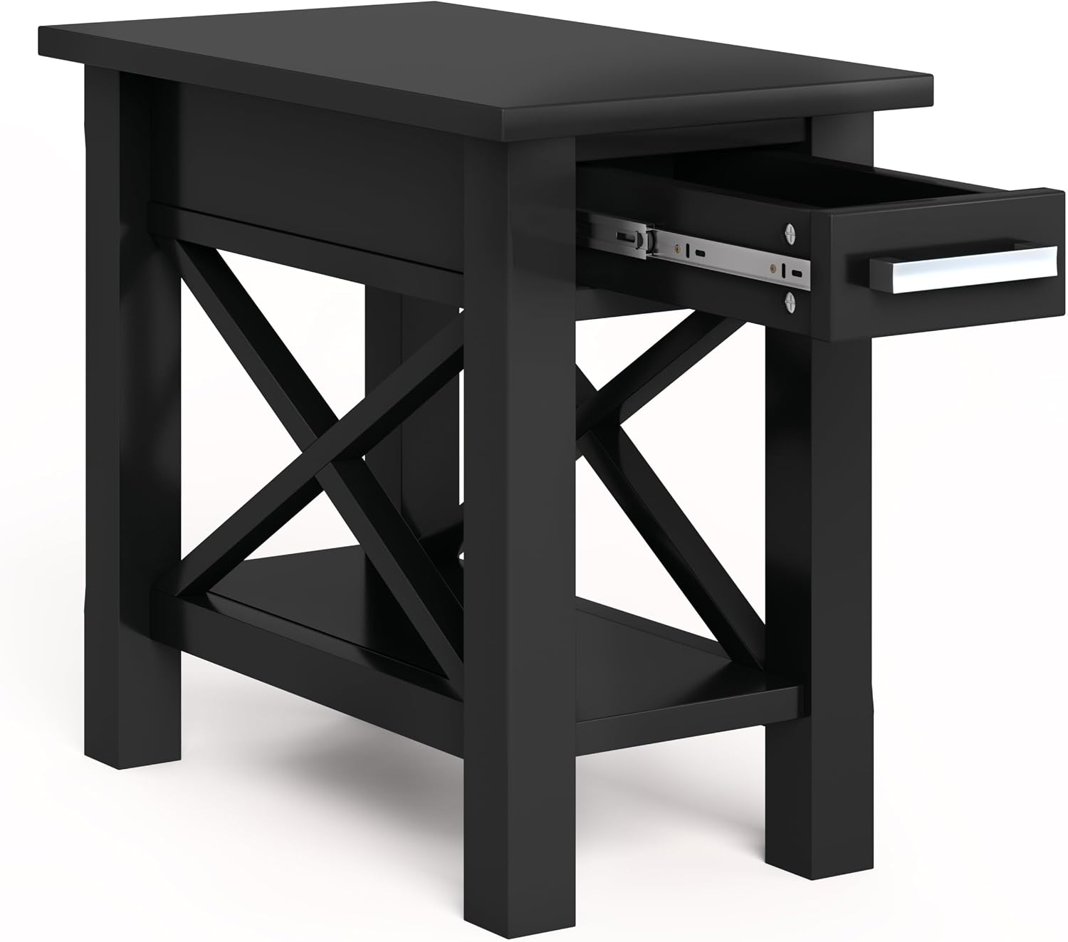 SIMPLIHOME Kitchener End Table - 14 inch Wide Solid Wood Rectangular Narrow Accent Table with Drawer and Open Shelf in Black, Contemporary Nightstand with X-Design for Living Room or Bedroom