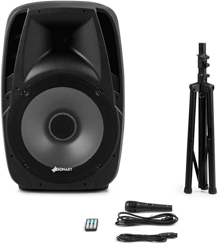 Sonart 15' 1500W Powered Speakers, 2-Way Full Range Portable PA Speaker System Combo Set With Stands/Illuminating Light/Microphone/EQ/USB/Bluetooth