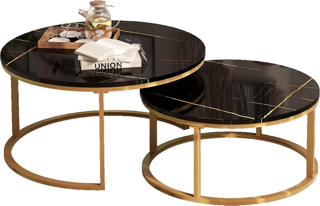 WiberWi Round Coffee Table Nesting Tables Set of 2, Large : Ø 34.0', Small : Ø 26.0', Modern Design Coffee Tables for Living Room, Gold Metal Frame Circle Cocktail Table, High Glossy Faux Black Marble