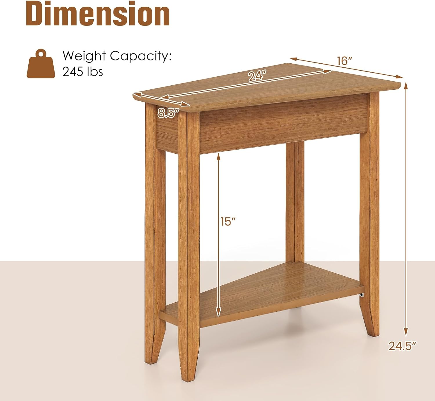 Giantex Wedge End Table, Triangle Side Table with Storage Shelf and Solid Wood Legs, 24.5' Tall Nightstand, Modern Narrow Accent Recliner Table for Small Space Living Room, Walnut