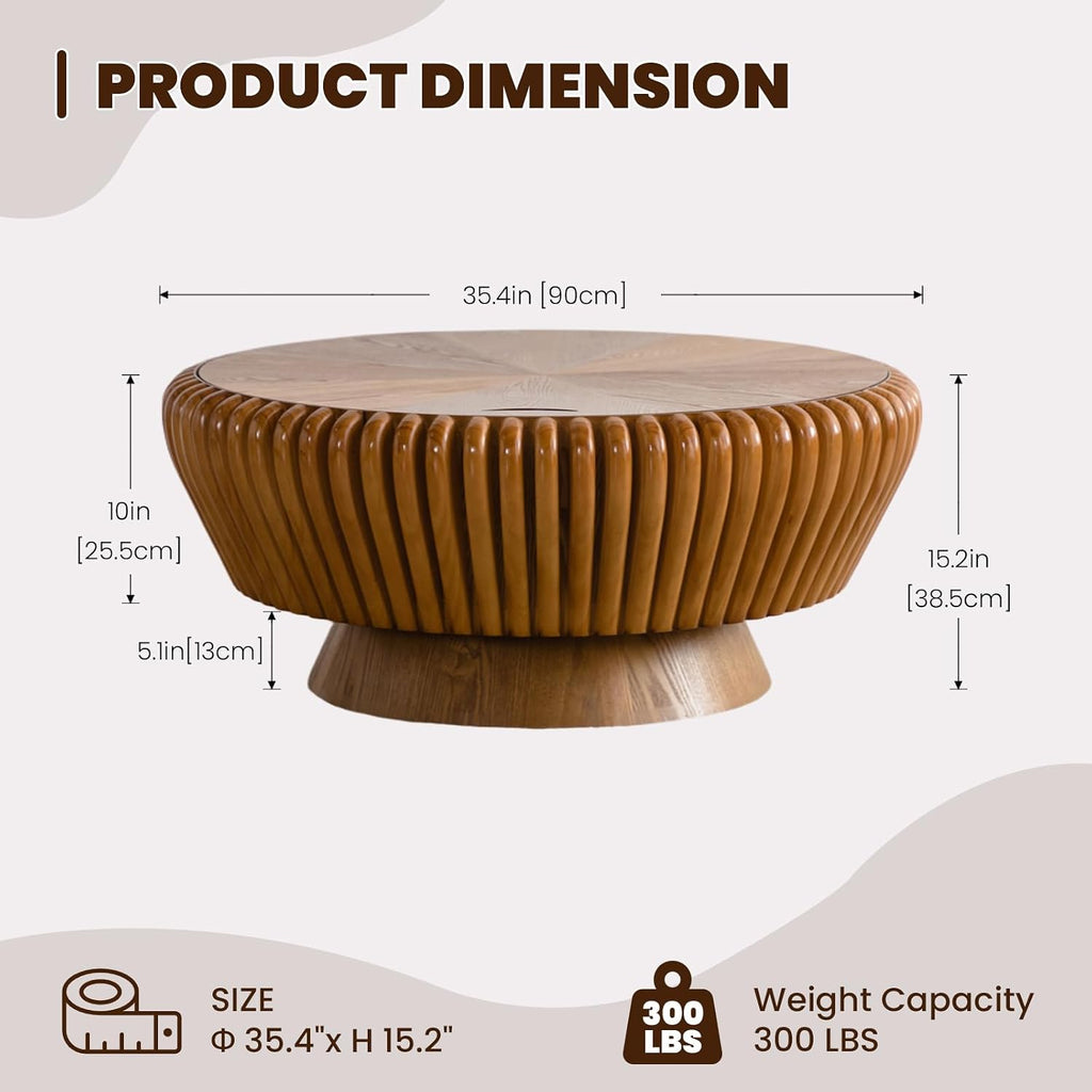 Round Coffee Table with Storage, Mid Century Modern Drum Coffee Table for Living Room, Fluted Circle Center Table with Sturdy Pedestal, Accent Tea Table for Apartment (35.4' Brown with Storage)