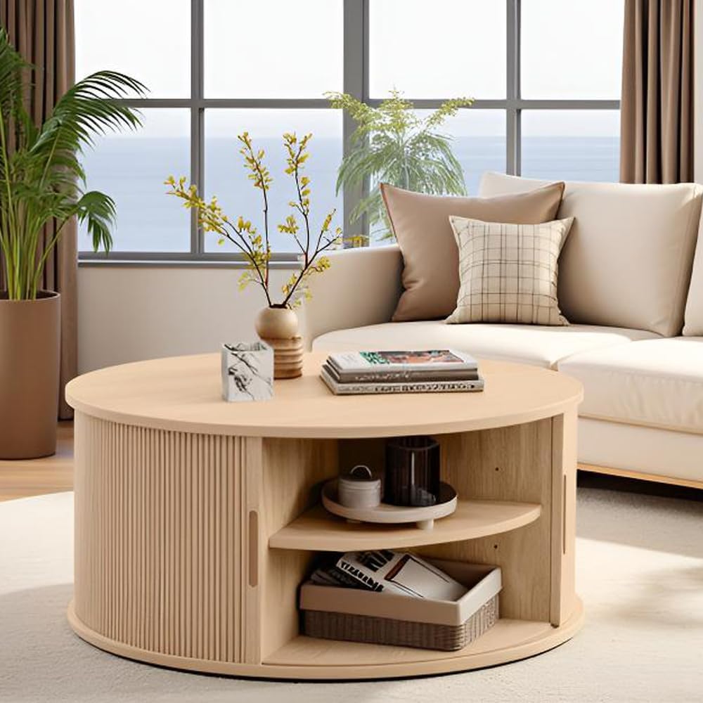 LINSY HOME Round Coffee Table, 31.5' Drum Coffee Table with Sliding Tambour Door, Fluted Accent Center Table with Storage, Mid Century Modern Coffee Table for Living Room, Oak