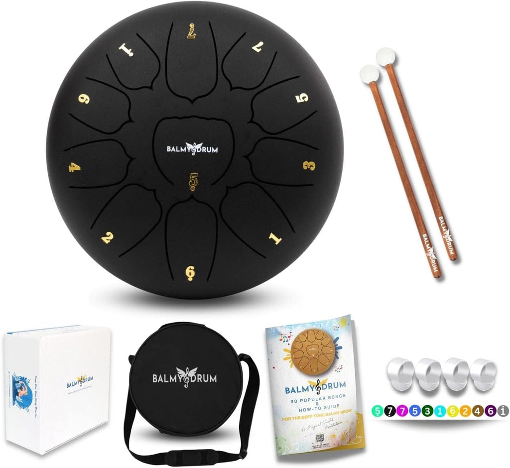 Balmy Drum Steel Tongue Drum 10 inch 11 Notes 440Hz, Handpan Drum with Music Book, Mallets, Carry Bag, Finger Picks, Rain Drum for Outdoor, Meditation Yoga Calming Instruments for Adults Kids (Black)