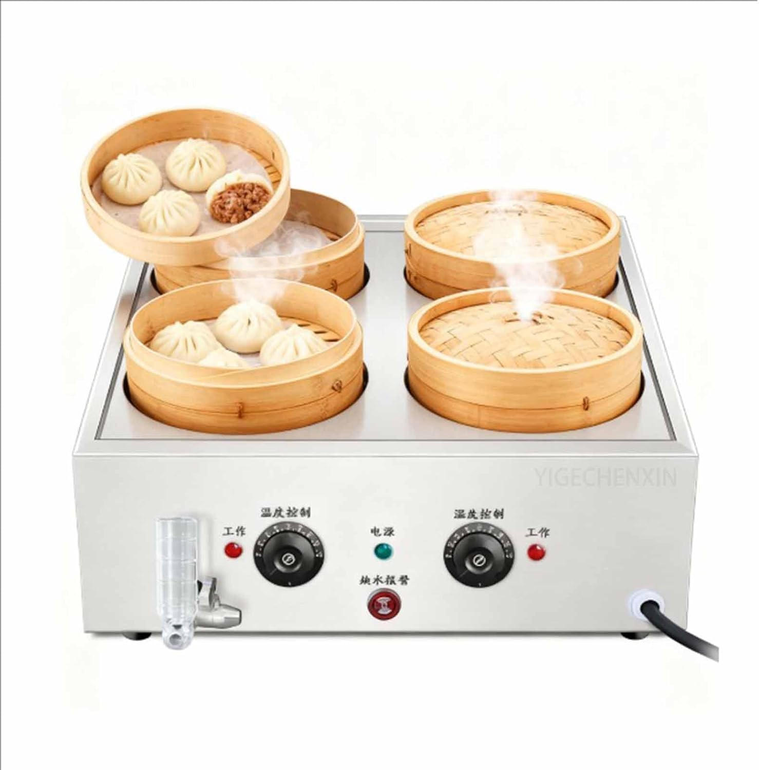 Temperature Control Large Capacity Bun Steamer, Multifunction Commercial Home Kitchen Appliance Electric Steam Pot Dry Boiling Alarm for Breakfast Shop, School,4 Holes