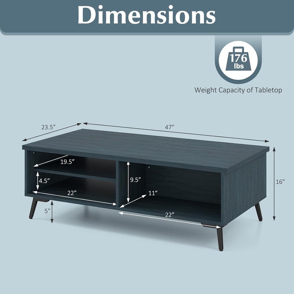Giantex Mid Century Modern Coffee Table, 2-Tier Wood Rectangular Center Table with Open Storage Shelves, Compartments & Metal Legs, Vintage Living Room Tables for Reception (Charcoal Blue)