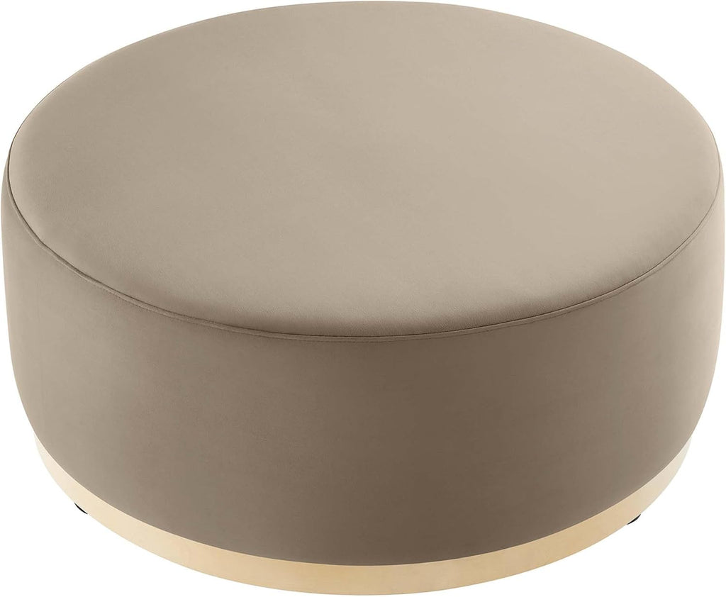 Modway Tilden 38 Inch Round Performance Velvet Upholstered Ottoman in Taupe Natural - Round Ottoman Coffee Table for Living Room, Large Ottoman Foot Rest with Rubberwood Plinth Base