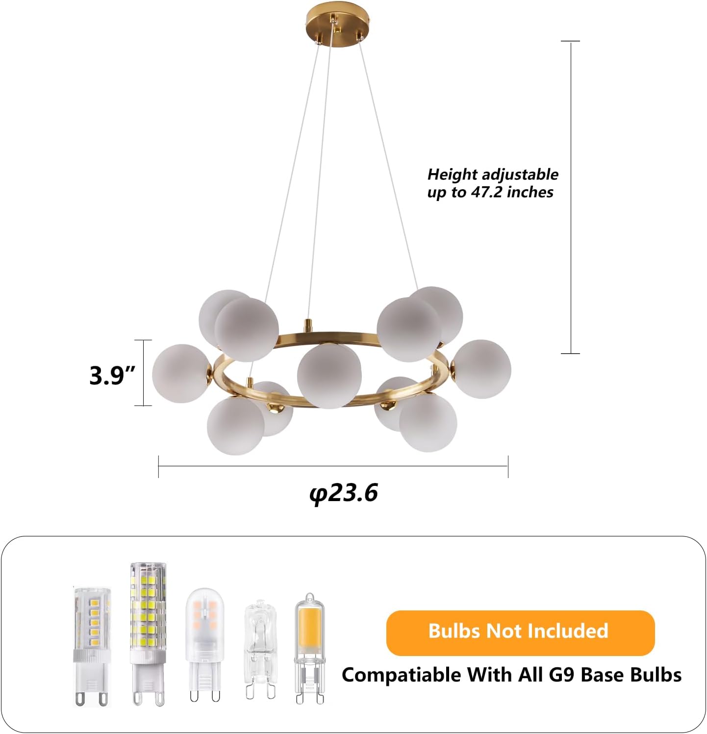 Modern Sputnik Chandelier Light Fixture, 12-Light Gold Bubble Glass Chandeliers for Dining Room, Mid Century White Globe Pendant Lighting for Kitchen Island, Bedroom, Foyer,Living Room,23.6IN