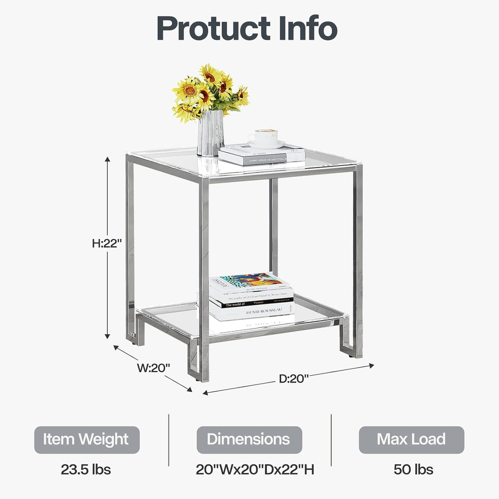 2 Tier Square End Table Side Table with Tempered Glass Top and Silver Stainless Steel Frame Modern Night Stand for Small Spaces Side Table with Storage for Living Room Bedroom