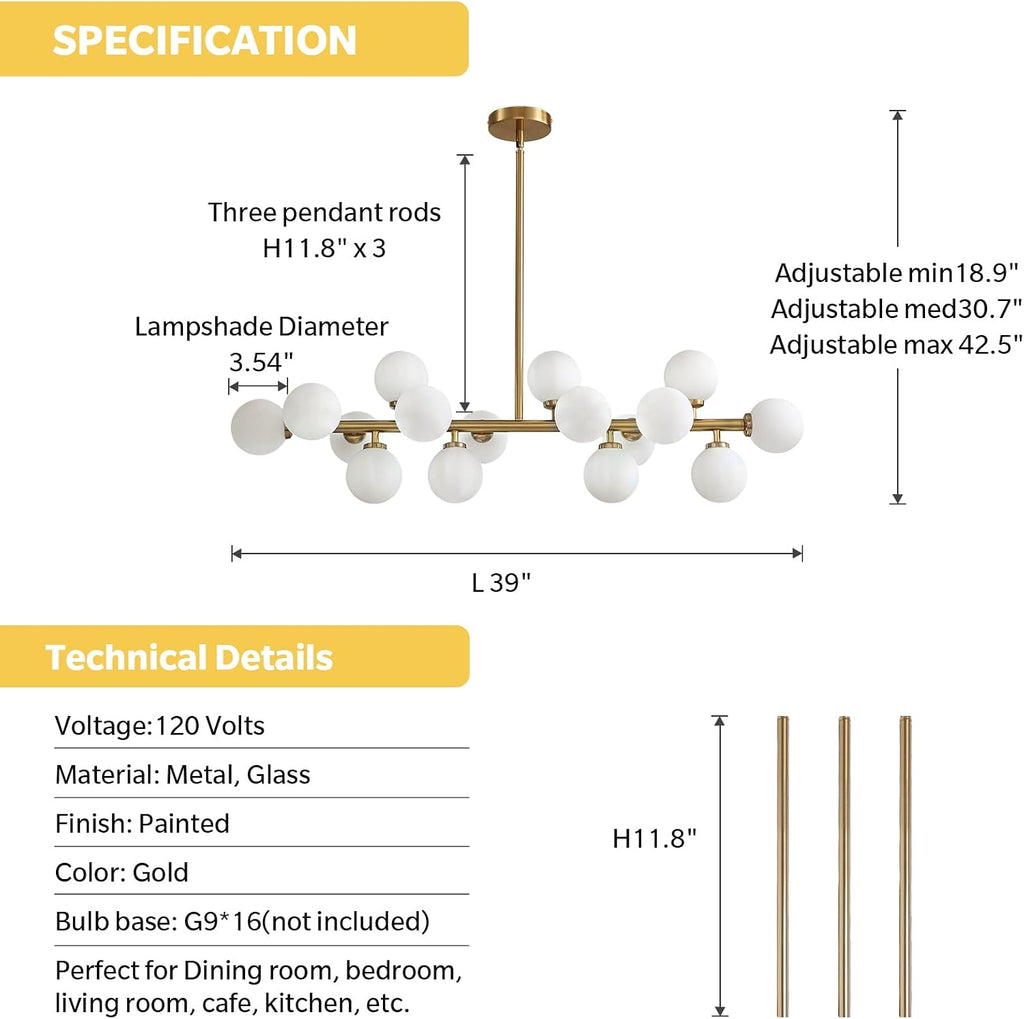 Gold Dining Room Chandelier Over Table Mid Century Modern Chandelier White Glass Globe Lampshade Linear Pendant Lighting Fixture for Living Room Dining Table 16 Lights