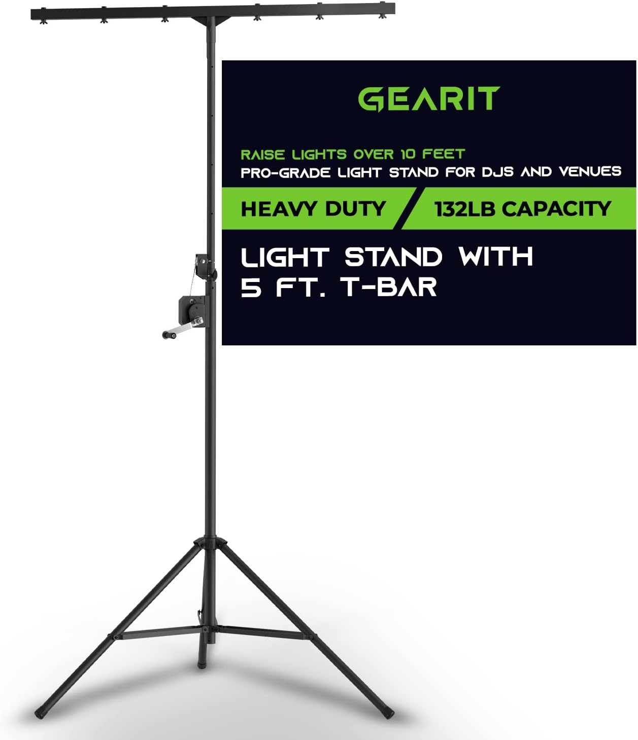 GEARit LED Light Stand With 5 Ft. T-Bar for 6 PAR Lights, Hand Crank, Heavy-Duty Tripod With Metal Joint, Pro-Grade Portable Design for DJ Lighting, Bands, Venues and Stages