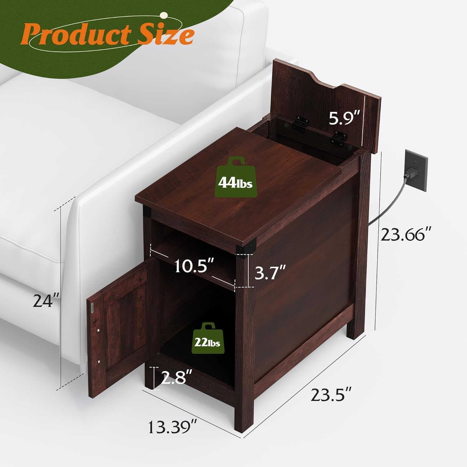 WLIVE Narrow End Table Set of 2 with Charging Station, Side Tables for Living Room, Small Spaces, Couch, Night Stand Set with Storage, USB Ports and Outlets,Brown