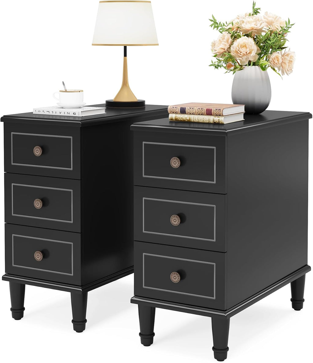 Tribesigns Solid Wood End Table Set of 2, Fully Assembled Narrow Side Table with Drawers, Pre-Assembled Nightstand Slim Bedside Table for Small Spaces, Living Room, Bedroom, Black