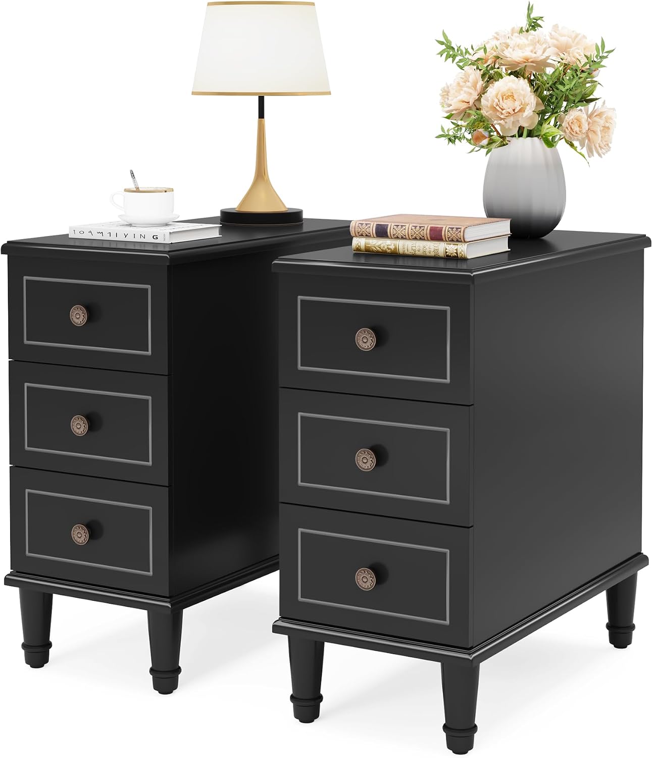 Tribesigns Solid Wood End Table Set of 2, Fully Assembled Narrow Side Table with Drawers, Pre-Assembled Nightstand Slim Bedside Table for Small Spaces, Living Room, Bedroom, Black