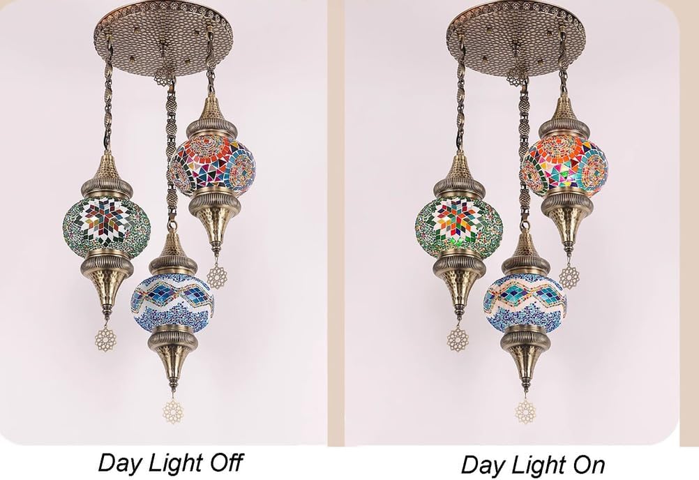 Turkish Mosaic 3 Globes Chandelier, Bohemian Moroccan Bronze Plating Red White Blue Green Shade Ceiling Hanging Lamp Kitchen Light for Bedroom, Cafe, Living Room, Entry,Blue