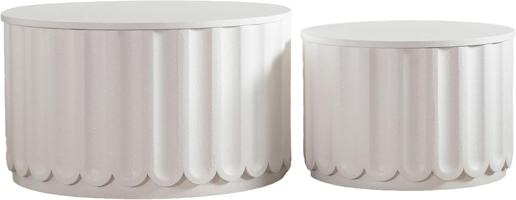 WILLIAMSPACE 46.46' White Round Nesting Coffee Table Set of 2 with Storage & Lift-Off Lid, Modern Circle Drum Center Tables Curved-Edge Shape Tea Table for Living Room, No Assembly (White)