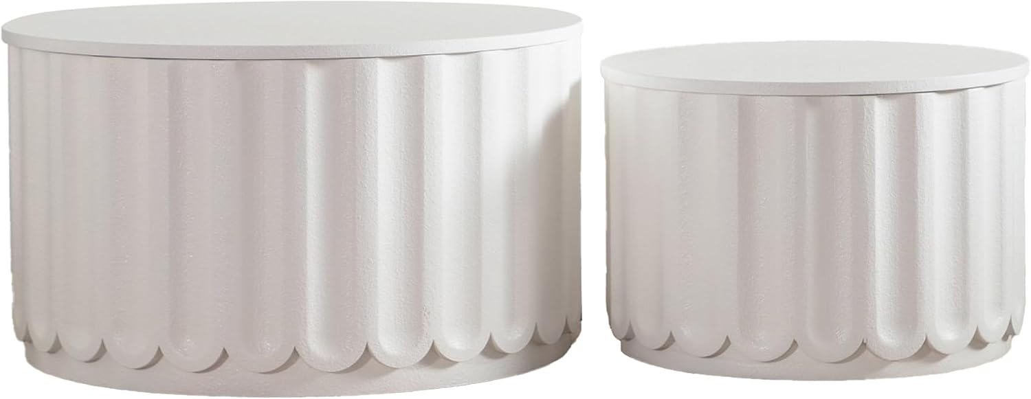 WILLIAMSPACE 46.46' White Round Nesting Coffee Table Set of 2 with Storage & Lift-Off Lid, Modern Circle Drum Center Tables Curved-Edge Shape Tea Table for Living Room, No Assembly (White)