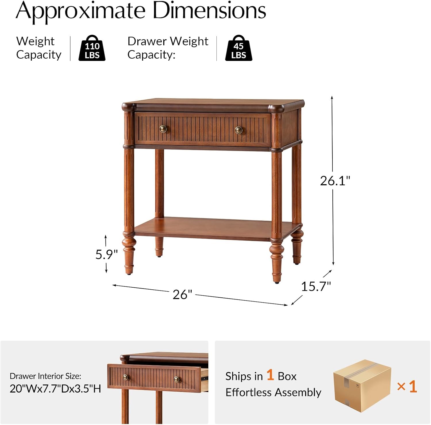 HULALA HOME Traditional End Table with Open Shelf, Fluted Nightstand with Charging Station, Paulownia Wood Drawer Side Table, Brown