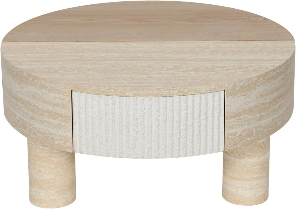 31.5' Round Coffee Table with Flip Top and Hidden Storage, Faux Marble Tabletop for Living Room, Modern Wooden Circle Center Table, Tea Table for Apartment, Office, Beige Mars Pattern
