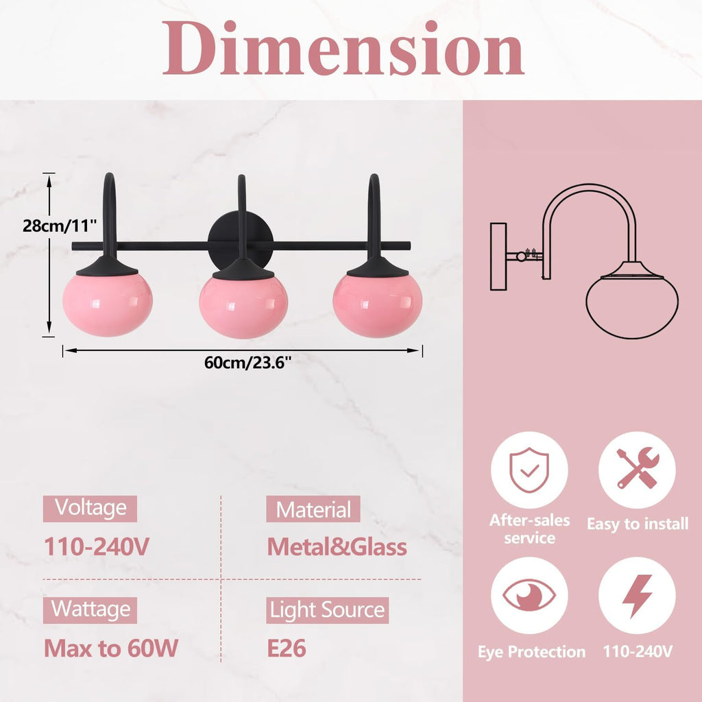 BOKT Black 3-Light Vanity Light Vintage Bathroom Lighting Fixture Over Mirror Industrial Bathroom Vanity Light with Pink Glass Lampshade Modern Long Restroom Light