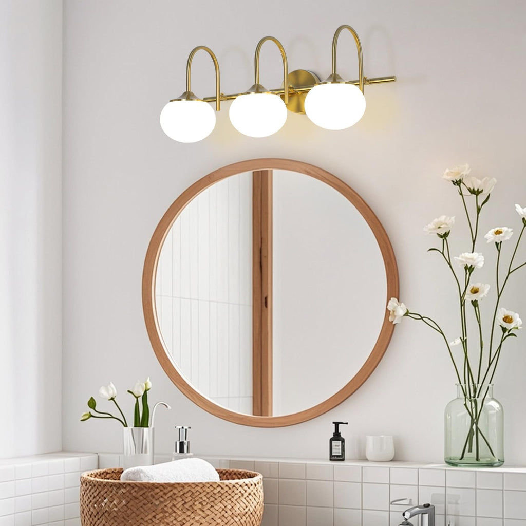 BOKT Modern Vanity Light Fixtures Mid Century 3-Light Bathroom Vanity Lights Fixtures Over Mirror with Milk White Glass Globe Shade Gold Wall Sconce for Living Room Dressing Table
