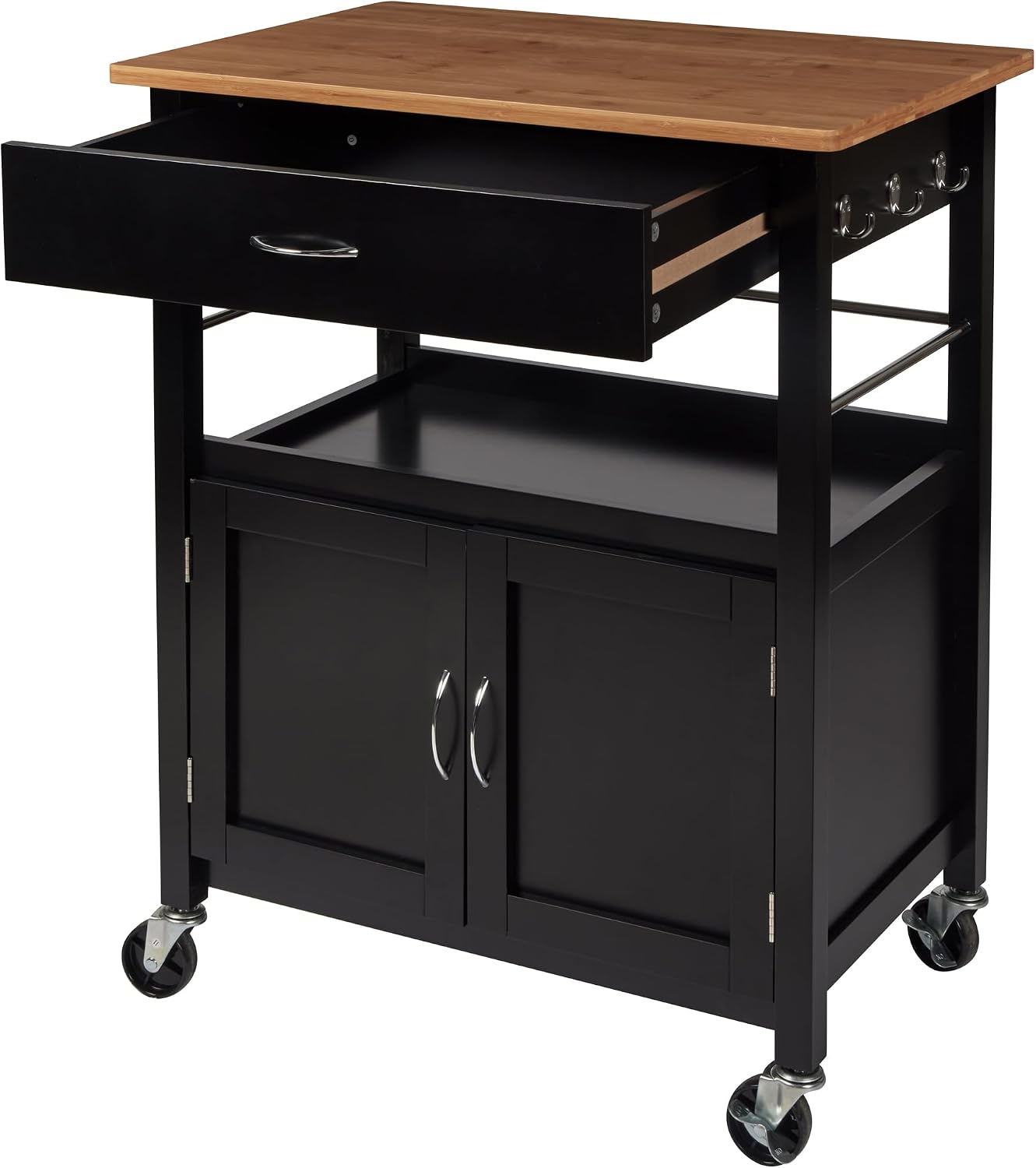 eHemco Kitchen Island Cart on Wheels, Black Base, Natural Bamboo Top | Drawer, Storage Cabinet, Shelf, Butcher Block