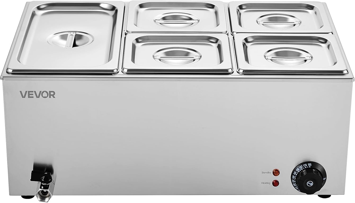 VEVOR 24QT Commercial Food Warmer, 5-Pan Electric Steam Table, 1200W Professional Countertop Stainless Steel Buffet Bain Marie with 86-185°F Temp Control for Catering, Buffet, Parties, Restaurants