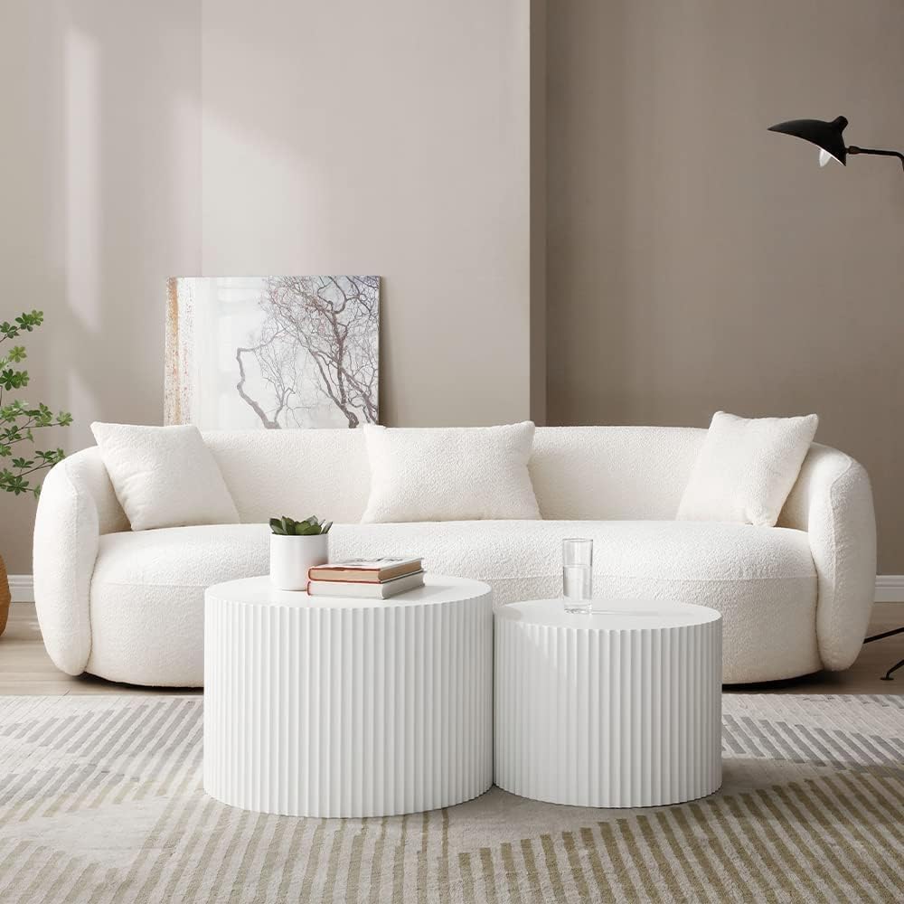 Nesting Coffee Table Set of 2, 23.6' Round MDF Nesting Tables with Roman Column Design, Modern Handcrafted Wooden Drum Accent Tables for Living Room, No Assembly Required - White
