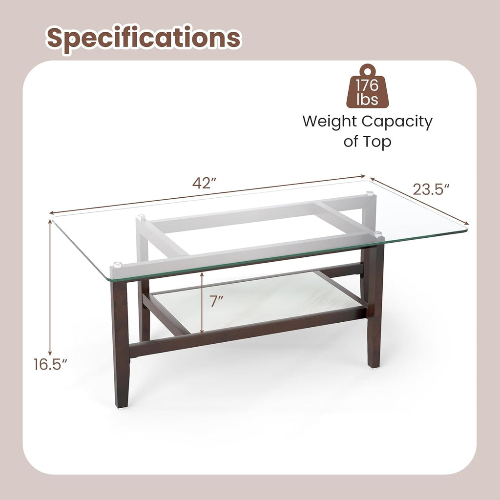 Giantex Glass Coffee Table, 42 Inch 2-Tier Rectangular Cocktail Table with Storage Shelf & Solid Rubber Wood Legs, Modern Center Table for Living Room, Home Office, Brown