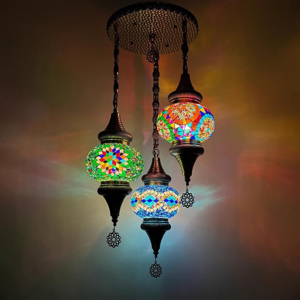 Turkish Mosaic 3 Globes Chandelier, Bohemian Moroccan Bronze Plating Red White Blue Green Shade Ceiling Hanging Lamp Kitchen Light for Bedroom, Cafe, Living Room, Entry,Blue