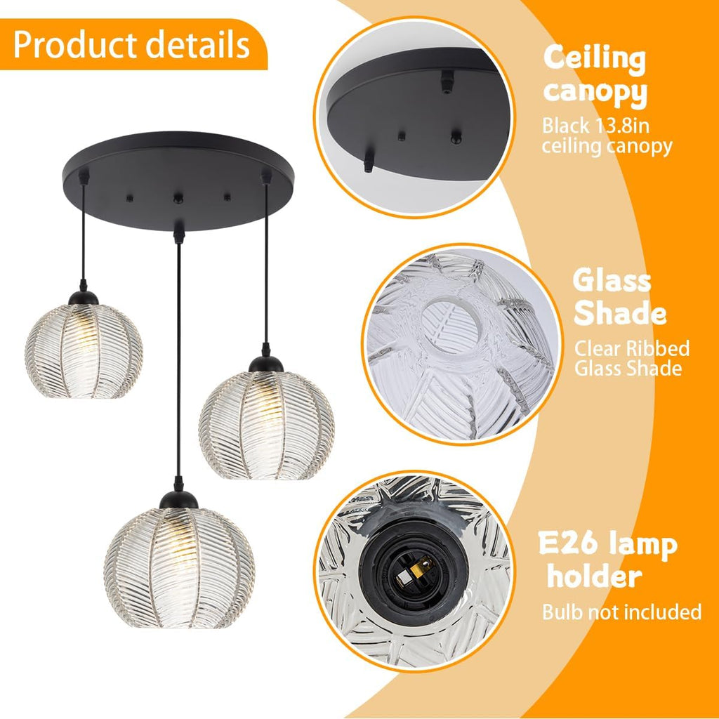 mid Century Pendant Lights Kitchen Island Chandelier Clear Black Pendant Light Pumpkin Design with Ribbed Glass Shade Modern Adjustable Cord Glass Ceiling Pendant Light Dining Room