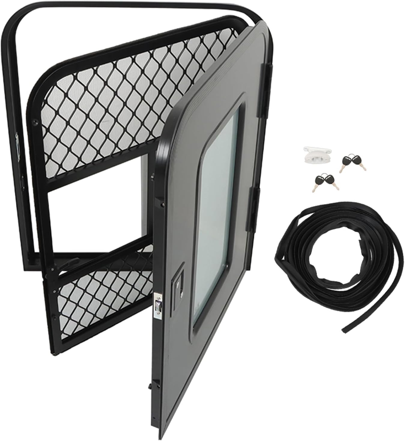 labwork 30(W) x 36(H) Passenger RV Entry Door with Radius Corners on Top and Square Bottom with Screen Door and Window Black