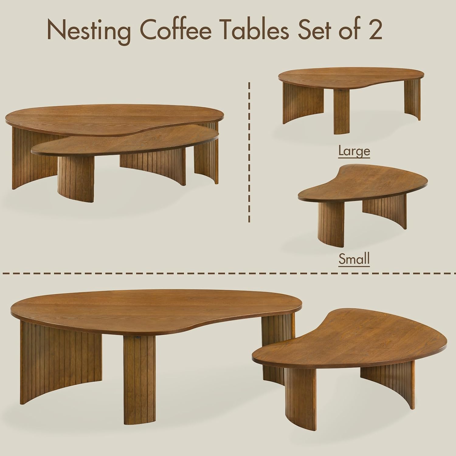Hyfirm Walnut Nesting Coffee Tables Set of 2, Mid Century Modern Center Table with Fluted Wooden Legs and Oval Mango Shape for Living Room, Small Apartment