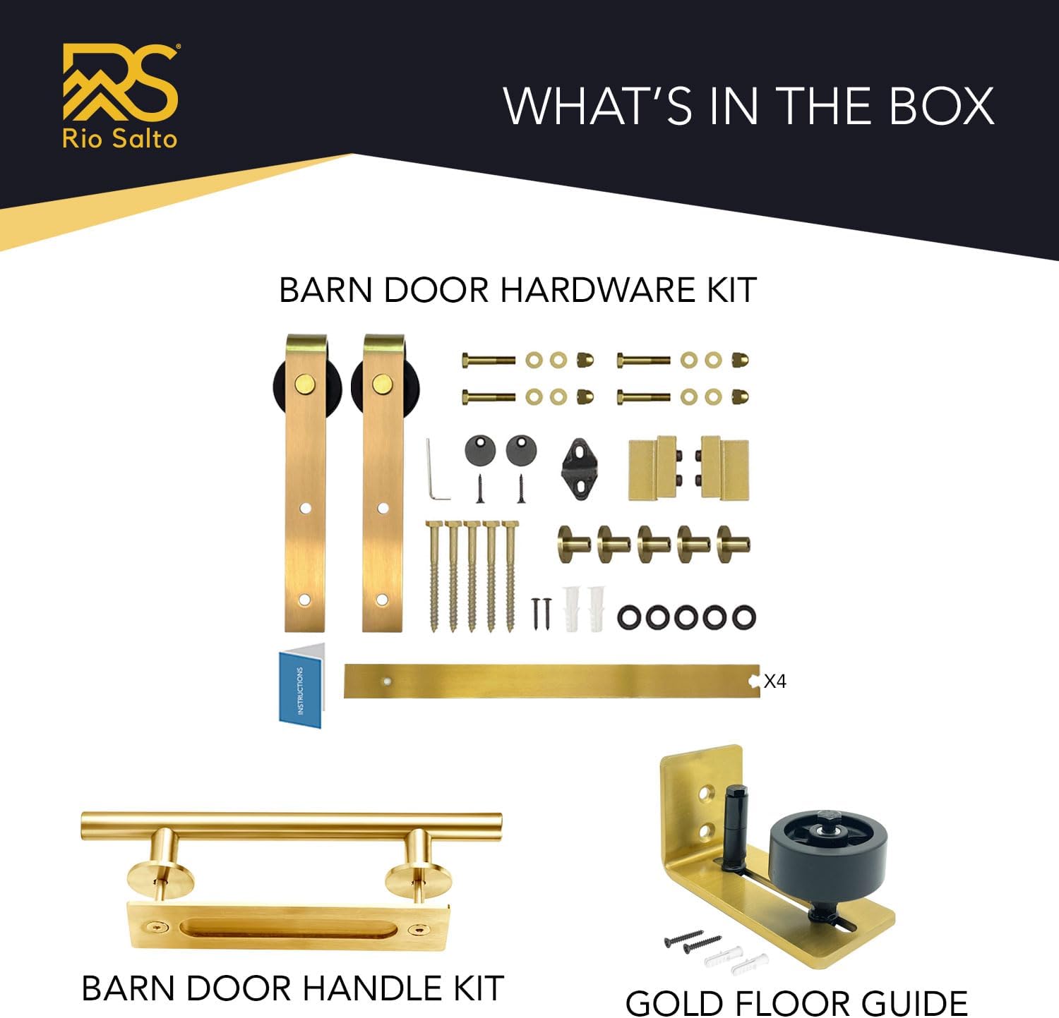 Rio Salto Gold Barn Door Hardware Kit Sliding Door Hardware Modern Barn Interior Closet Pantry Brushed Brass Panel Hardware with Handle Bar and Floor Guide (Hardware Kit Plus, 4ft 11in - NO Door)