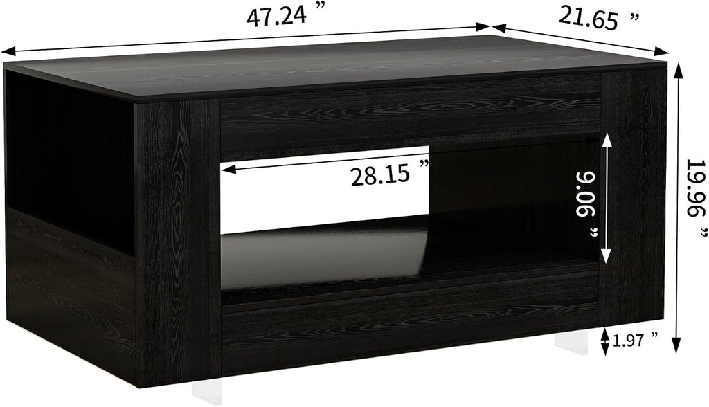 Wood Grain Coffee Table with Open Shelf Storage - High Gloss Modern Cocktail Table for Living Room, Bedroom, Office