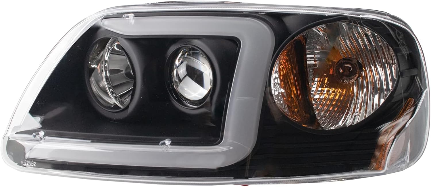 TRQ Performance Driver and Passenger Side Headlight Assembly Set Projector Black Housing Clear Lens Compatible with 97-03 Ford F-150 97-02 Ford Expedition 04 F-150 Heritage